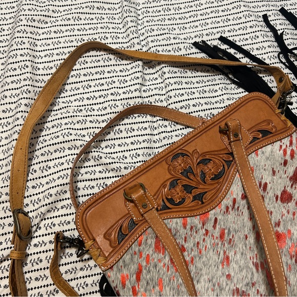 Tooled Leather, Hair on Hide & Fringe Western Purse - Picture 5 of 9